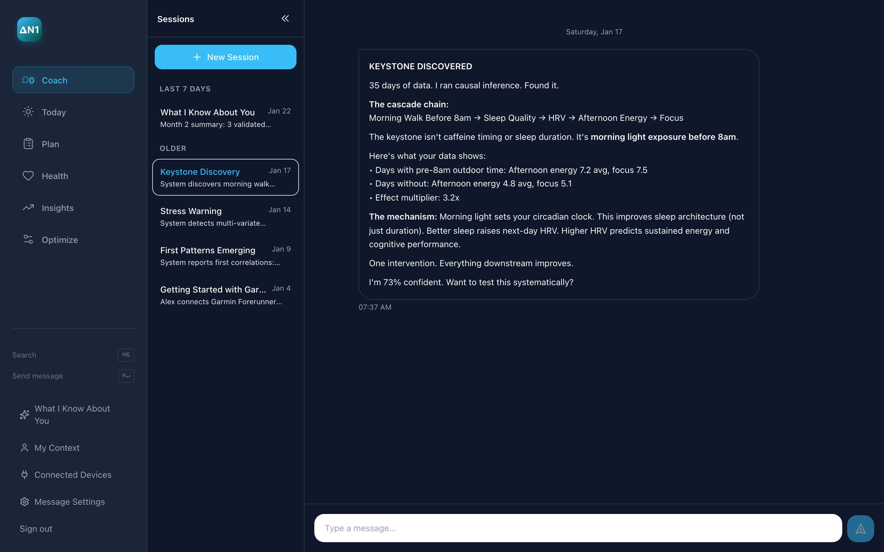 Coach message showing a keystone discovery backed by the user's data