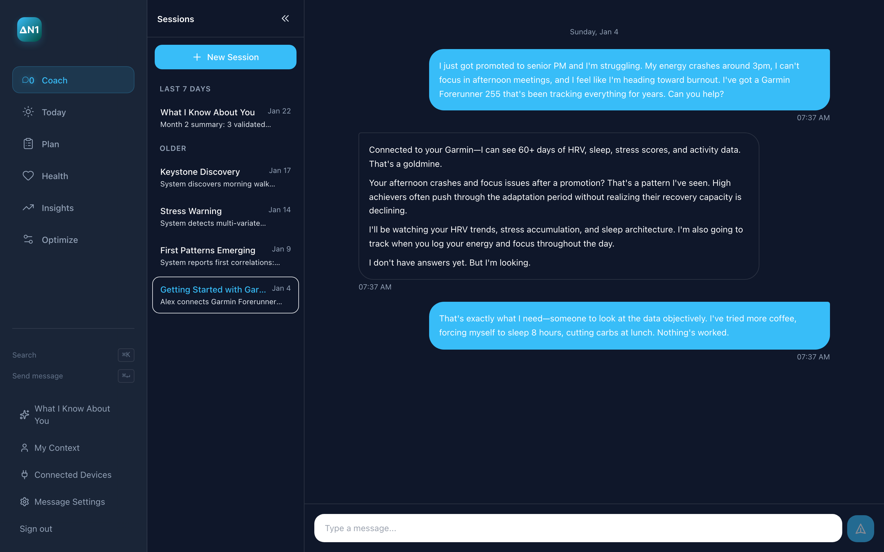 Coach conversation capturing the user's goal and constraints