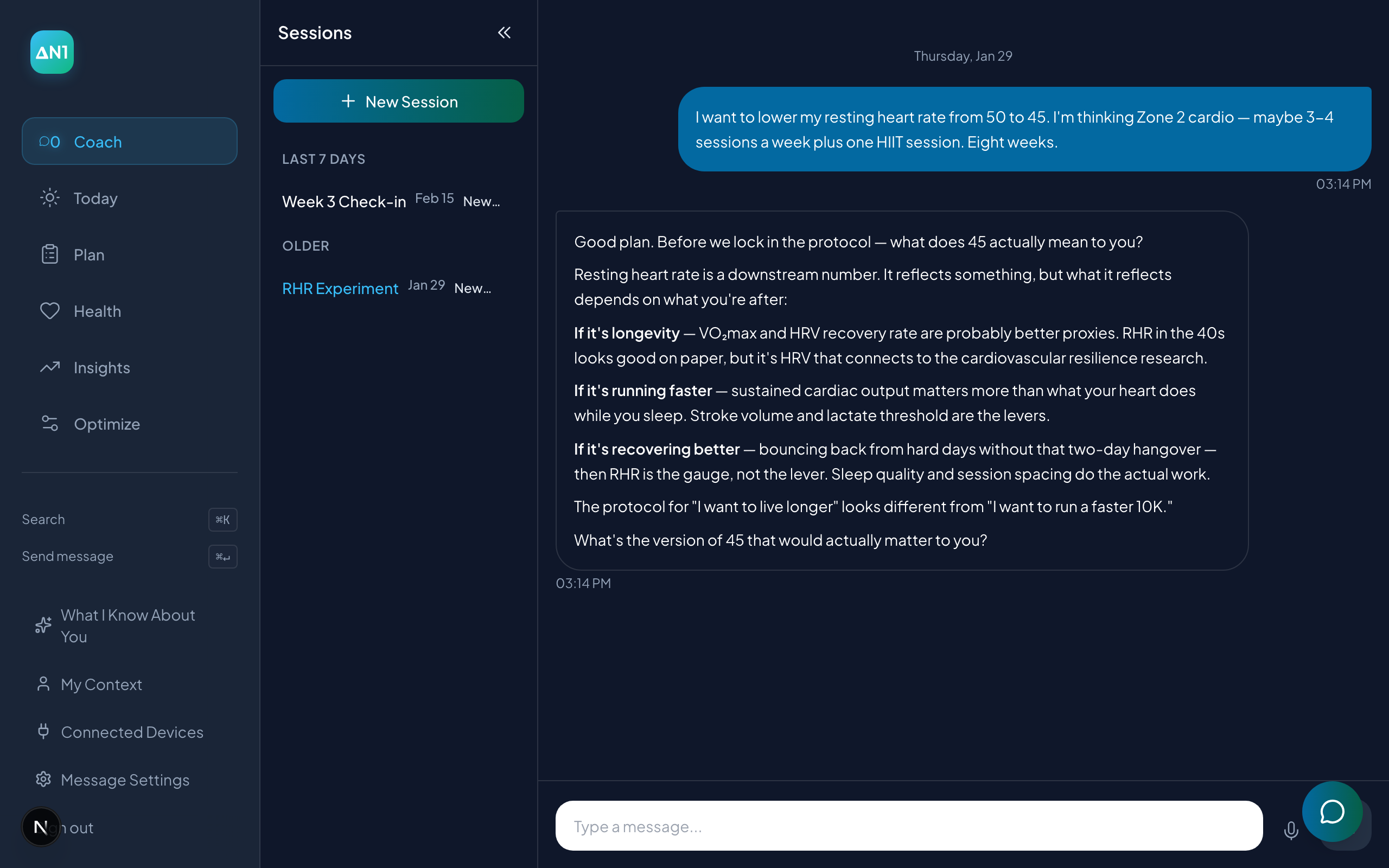 Coach conversation exploring what's behind the goal of lowering resting heart rate — longevity, performance, or recovery.