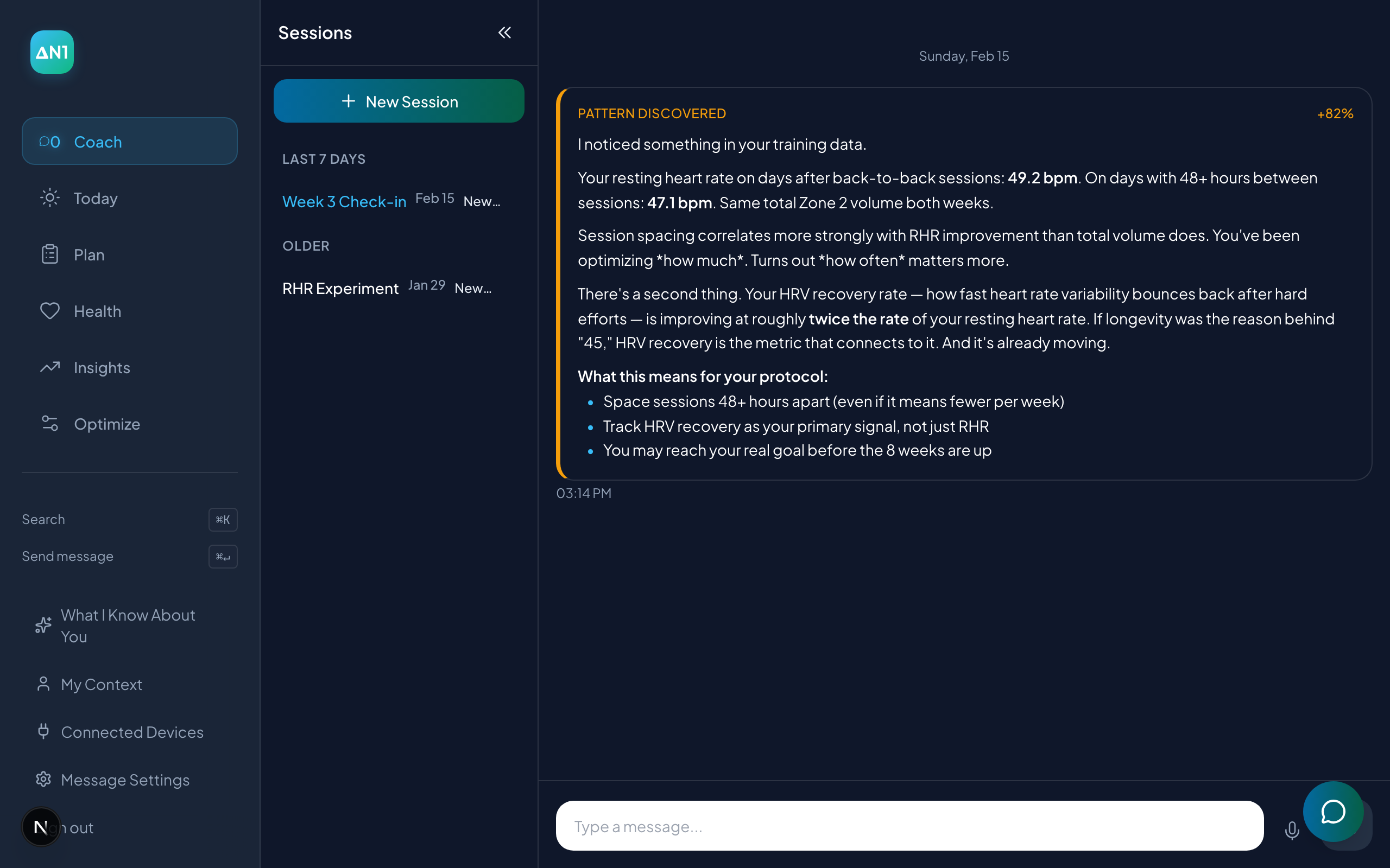 Pattern analysis showing session spacing has stronger correlation with RHR improvement than total Zone 2 volume.
